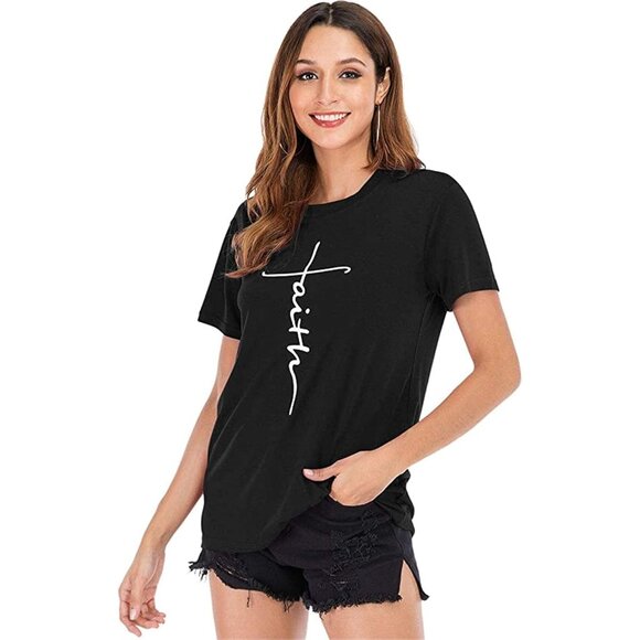 🆕 Women Black Cotton Graphic Funny Faith T-Shirt Casual Short Sleeve - Picture 2 of 4